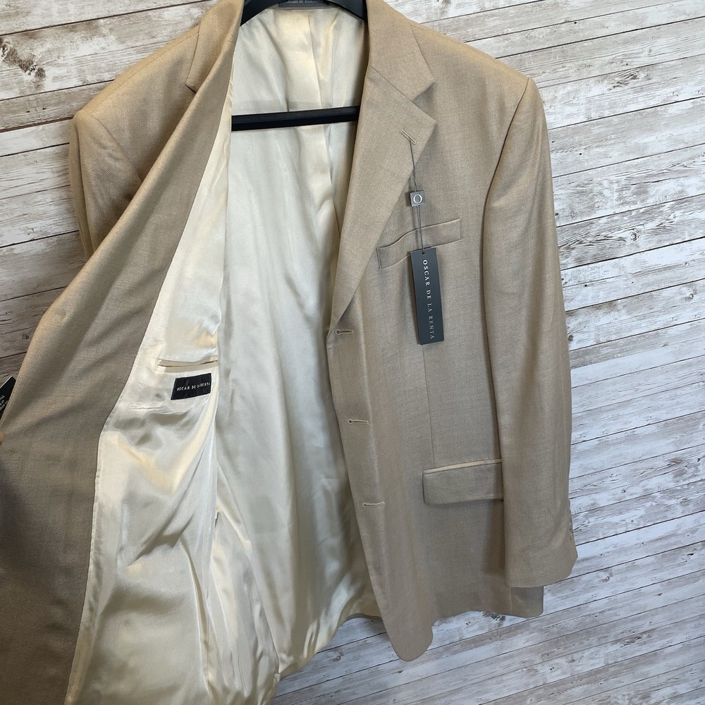 Vtg NWT Oscar De La Renta Mens 44L Blazer Beige Silk/Wool Bend Flex Fit 3-Button - Picture 3 of 16